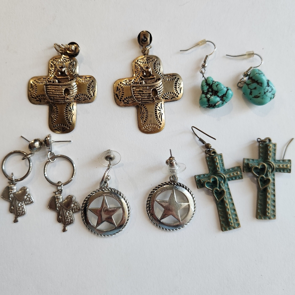 Vintage Southwest Country Earrings Lot Of 5 Turquoise Nugget Concho Cross Saddle